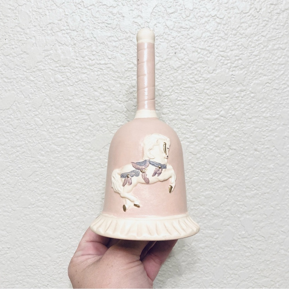 Vintage Porcelain Bell w/ carousel horse, pink, 6” hand painted Philippines